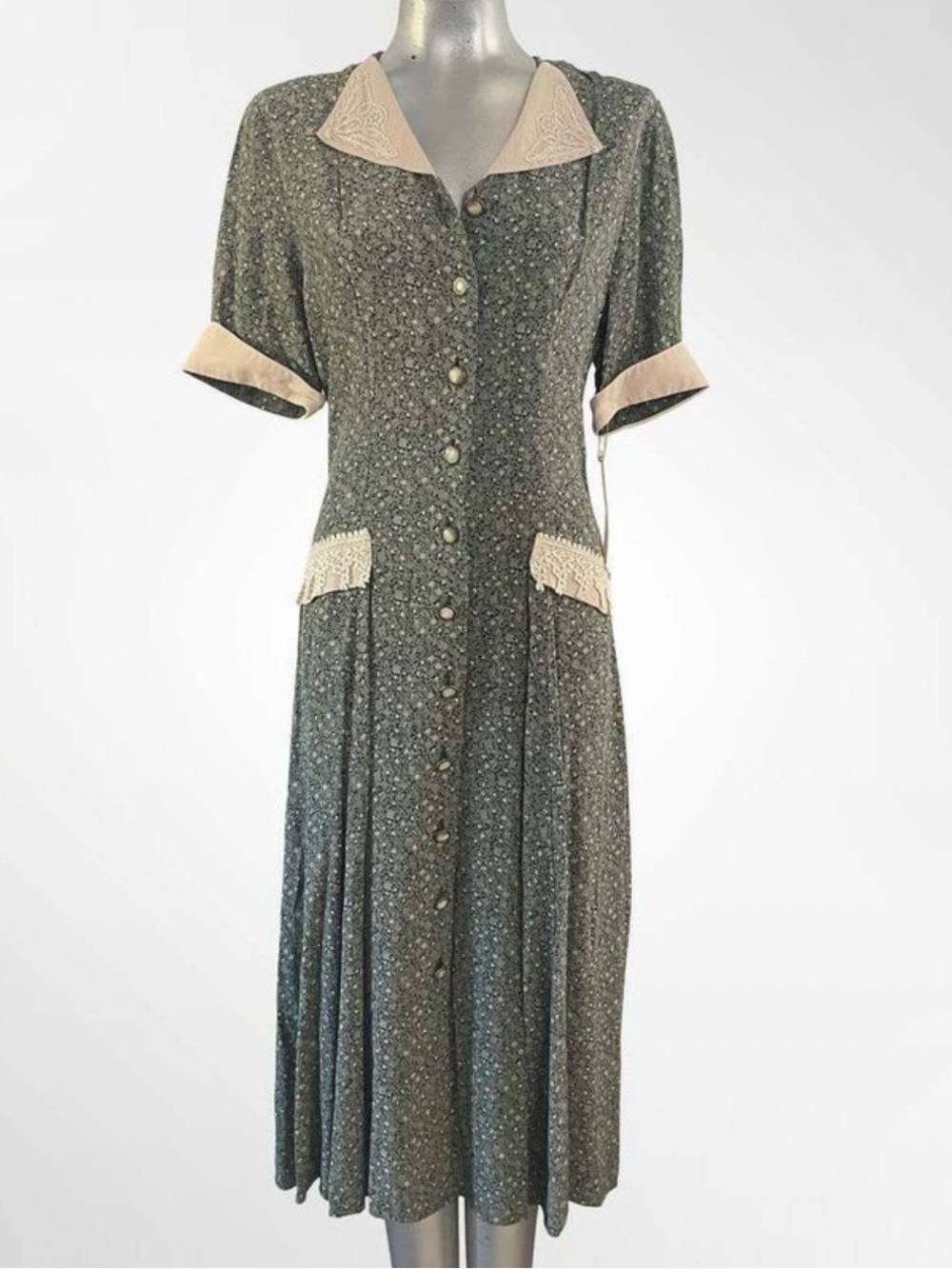 Nina Piccalino Olive Green Midi Dress with Cream Trim